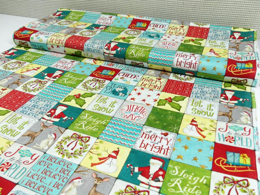 Patchworkstoff Windham Fabrics A very Terri Quadrate mit Schneemann, Santa, Hase, Reh
